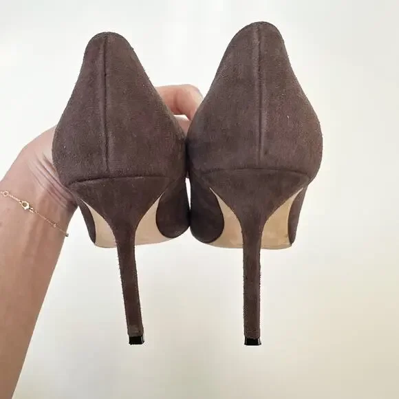 Manolo Blahnik BB Pointed Toe Suede Pumps Chocolate Brown Taupe Size 38.5 - Picture 8 of 15